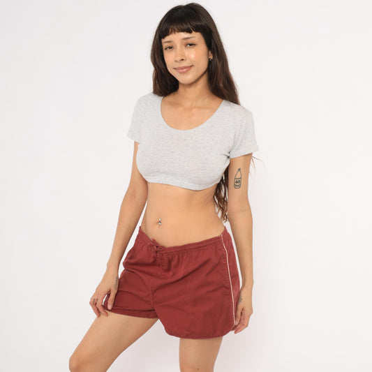 80s Repage Burgundy Swim Trunks Drawstring Waist Cotton Contrast Piping Large L