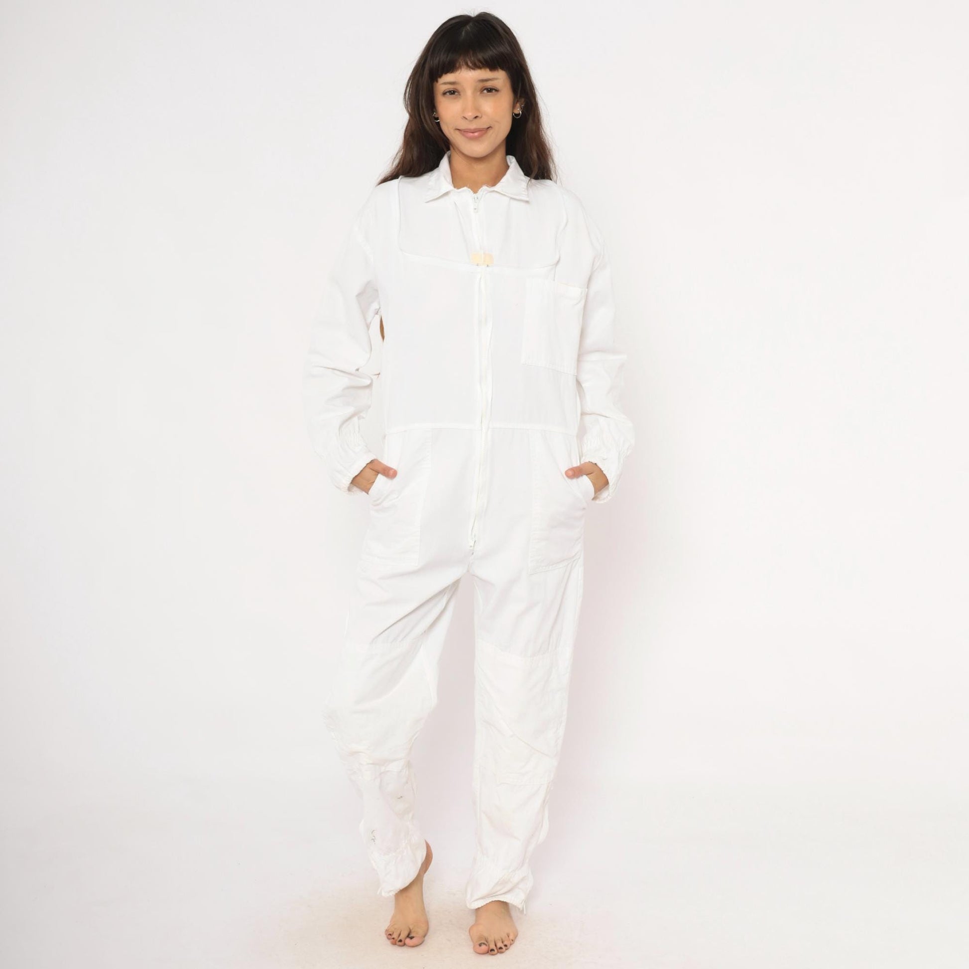 2000s White Zip Coveralls Utility Jumpsuit Cotton Workwear Small