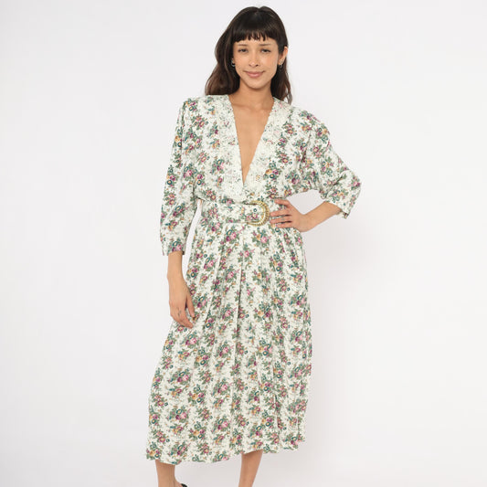 90s SL Fashions Floral Midi Dress Lace Collar V Neck Belted Gold Buckle Medium M