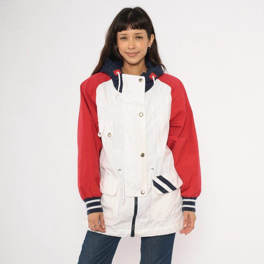 90s Mulberry Street Colorblock Windbreaker Hooded Snap Jacket White Red Navy Medium M