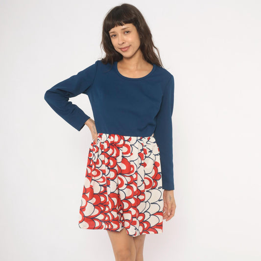70s Mod Colorblock Dress Navy Scallop Print Long Sleeve Knee Length Medium M