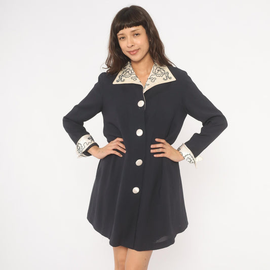 90s Navy Coat Dress Embroidered Ivory Collar White Dome Buttons Medium M