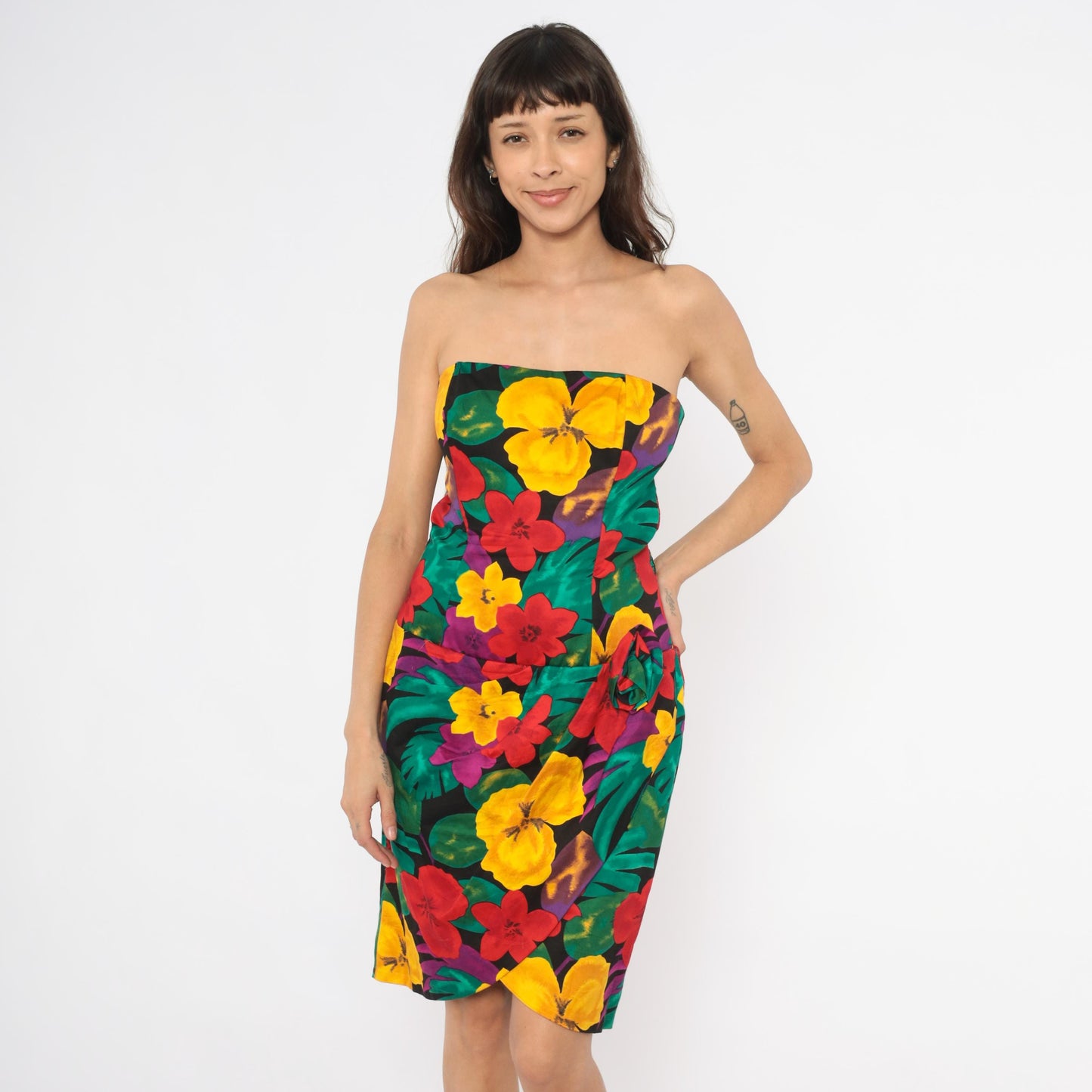 90s Positively Ellyn Tropical Floral Strapless Dress Knee-Length Wrap Skirt Large