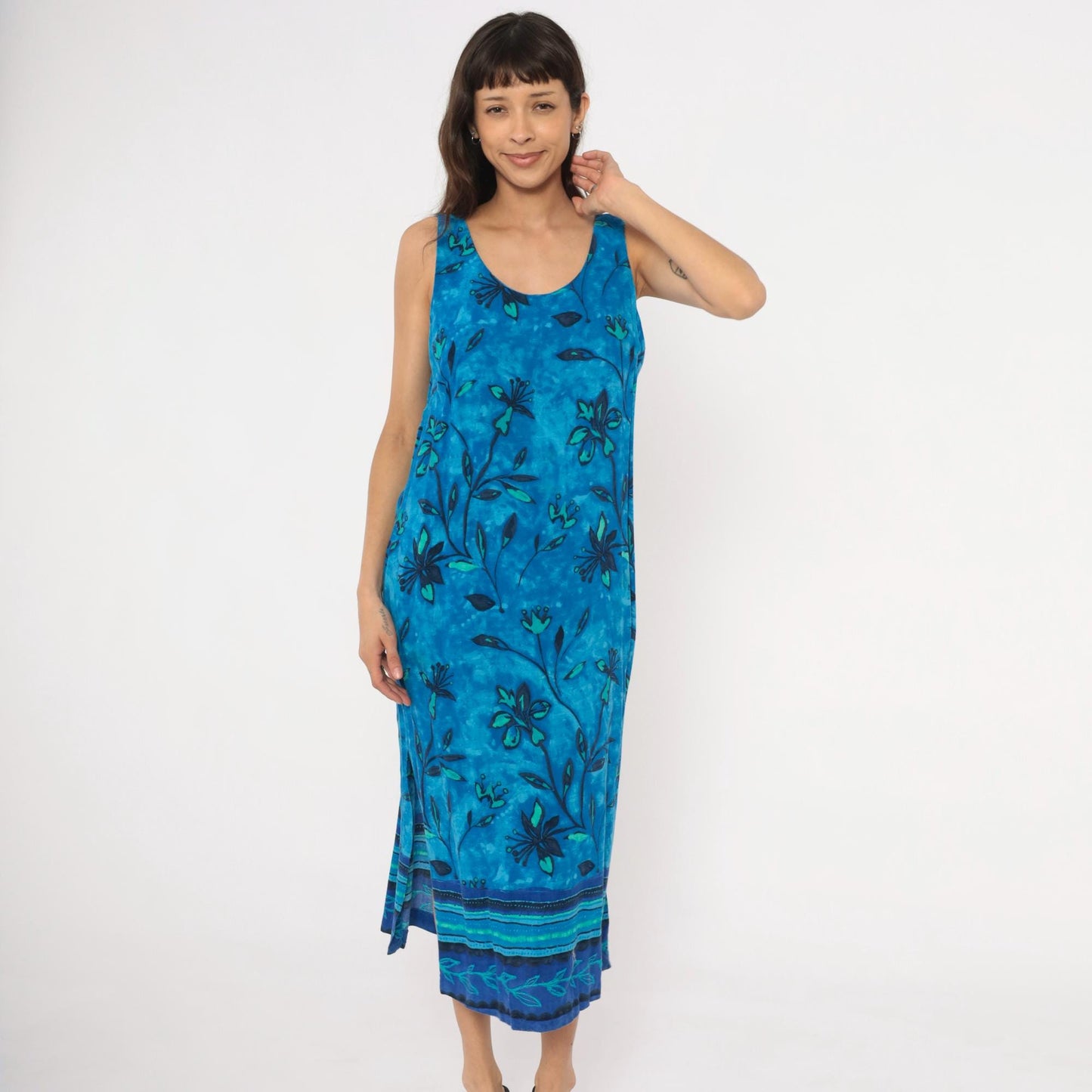 90s Worthington Blue Batik Floral Maxi Dress Tank Sleeveless Teal Navy Medium