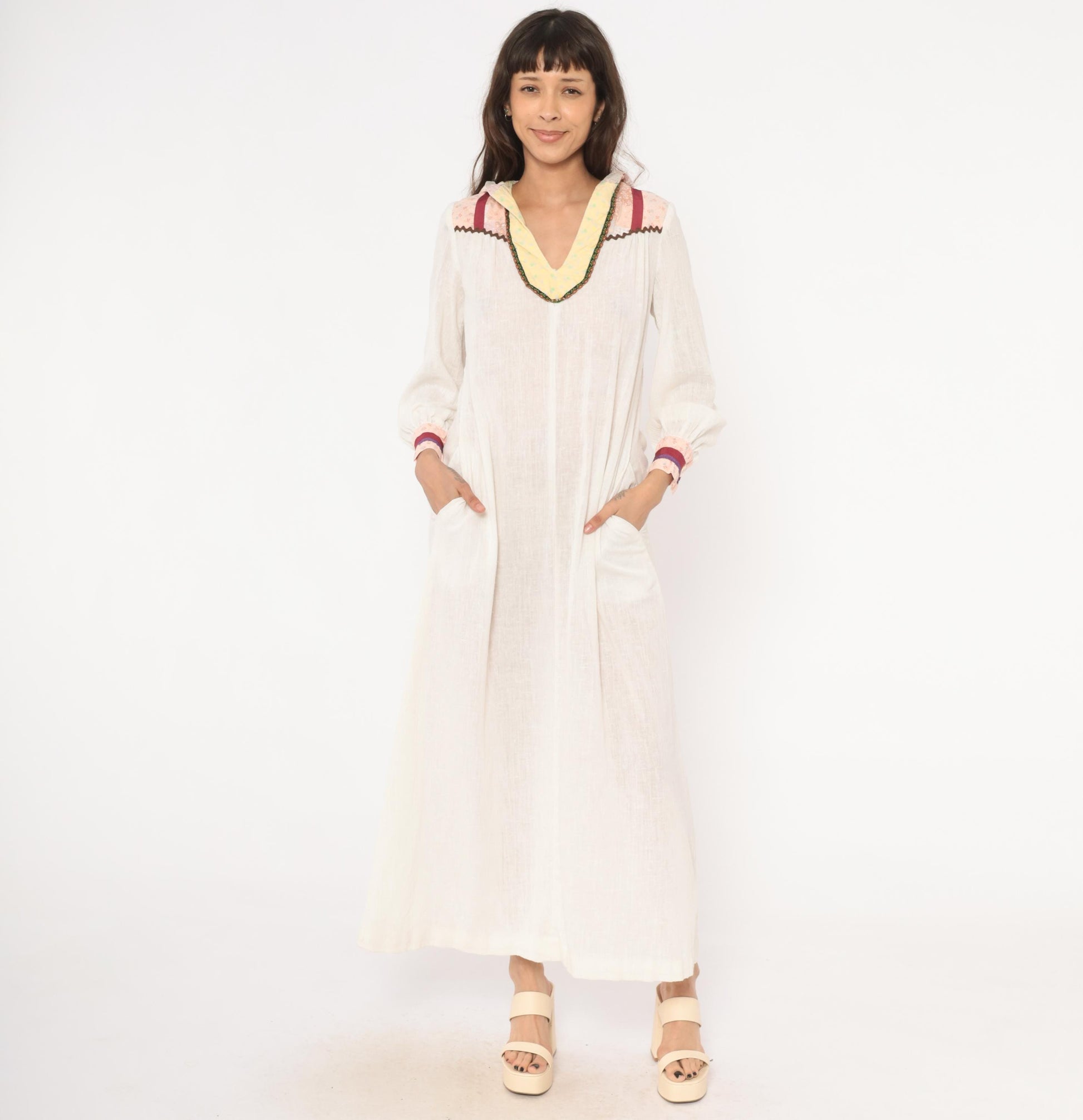 70s Patchwork Hood Maxi Dress White Linen V Neck Bishop Sleeve Small