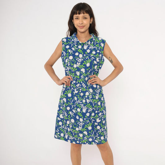 80s Mr. B California Blue Floral Shift Dress Cowl Neck Knee-Length Medium