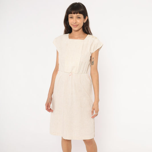 80s Oatmeal Linen Sheath Dress Square Neck Cap Sleeve Knee Length Small