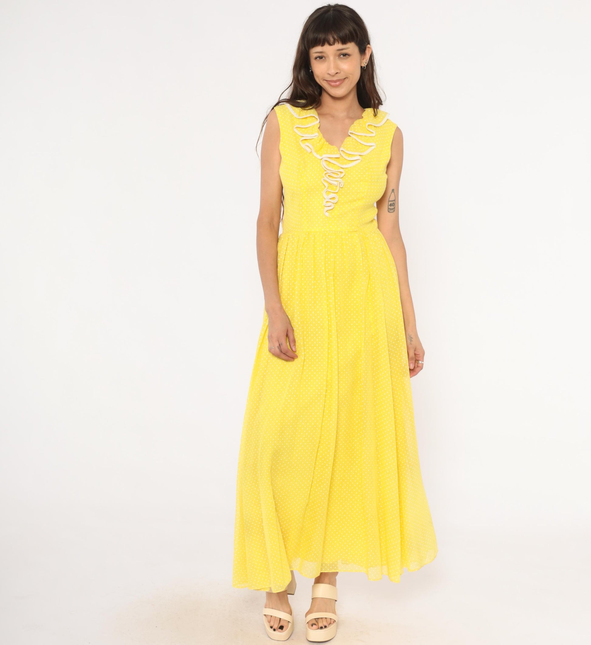 70s Miss Elliette Yellow Polka Dot Maxi Dress Ruffled V-Neck Medium M