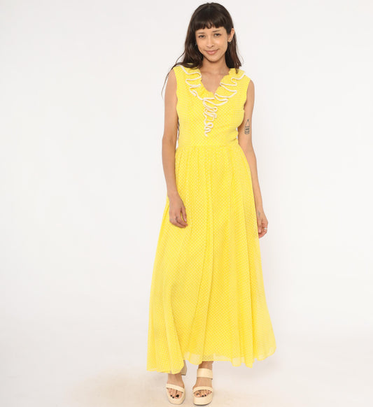 70s Miss Elliette Yellow Polka Dot Maxi Dress Ruffled V-Neck Medium M