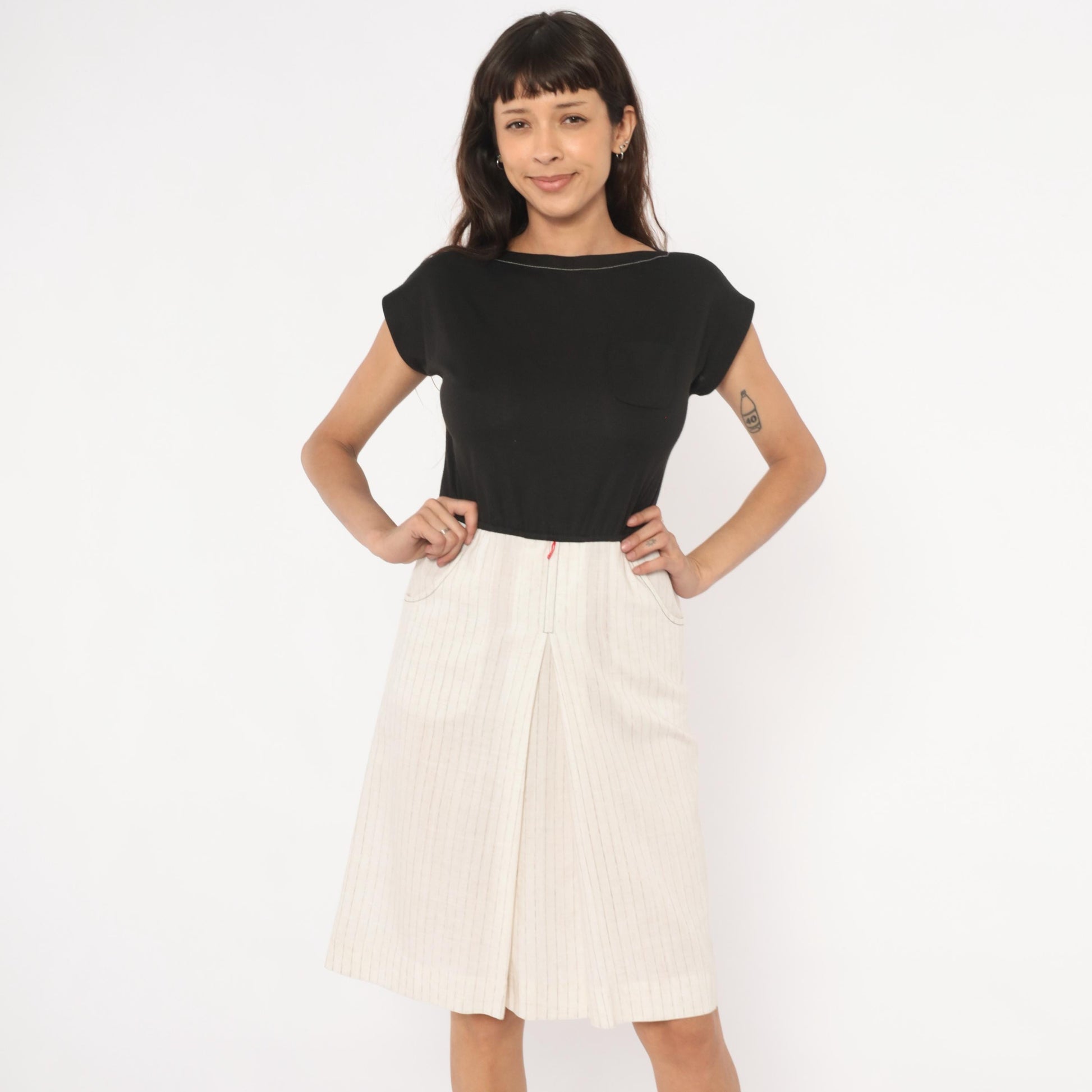 80s Melissa Petites Pinstripe Linen Knee-Length Skirt Cream Small S