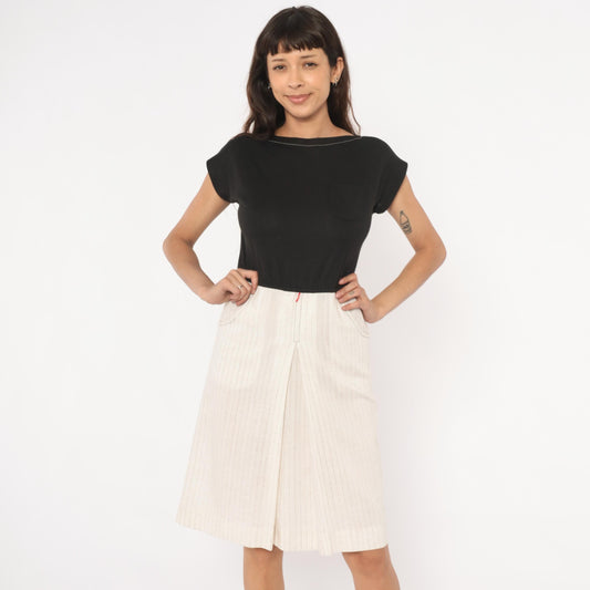 80s Melissa Petites Pinstripe Linen Knee-Length Skirt Cream Small S