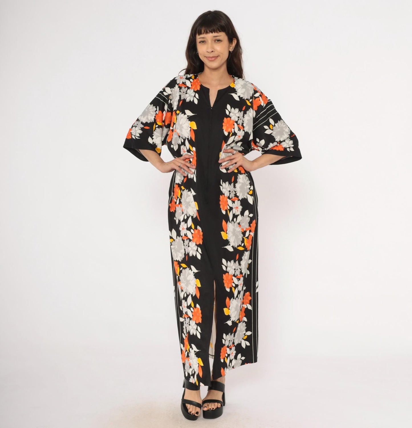 70s Miss Tique California Floral Kaftan Maxi Dress Black Orange Medium M