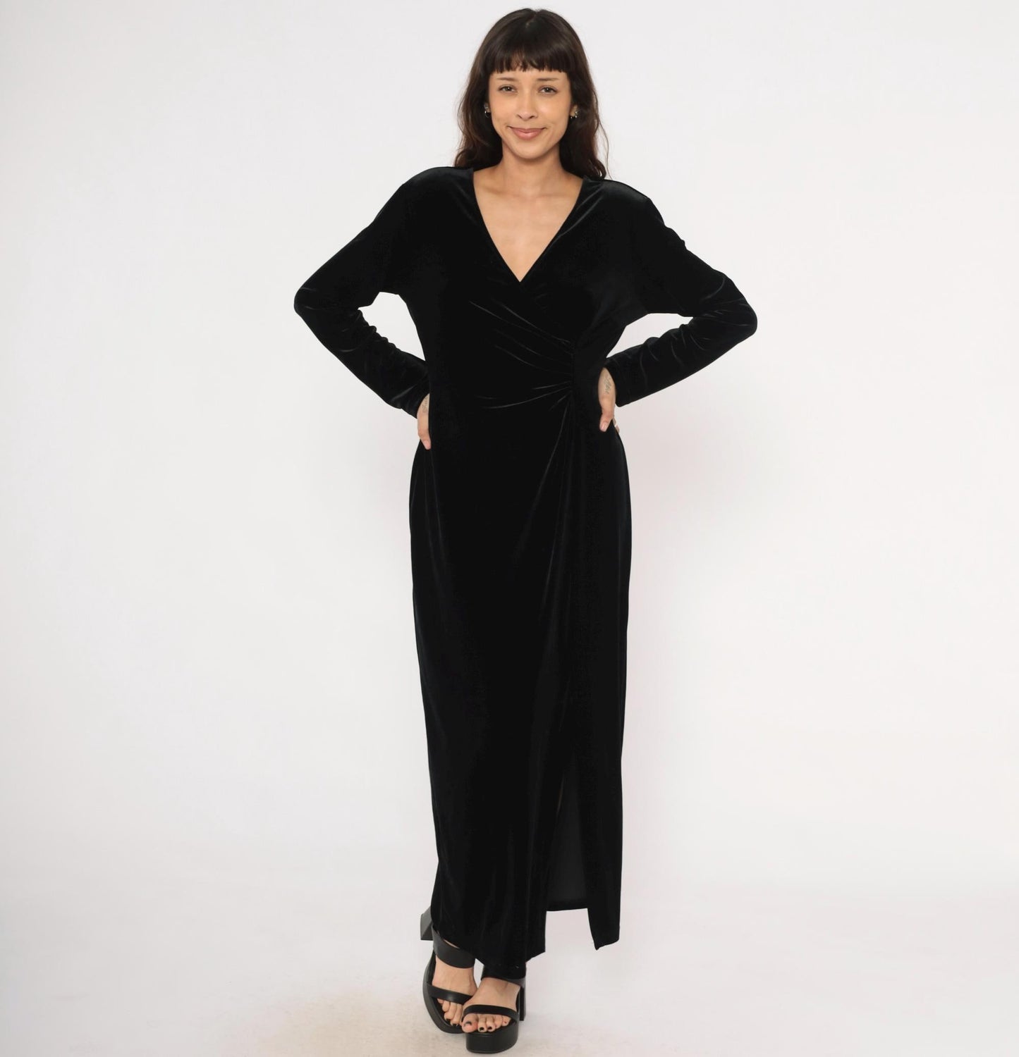 90s Robbie Bee Black Velvet Maxi Dress Surplice Neckline Long Sleeve Large L