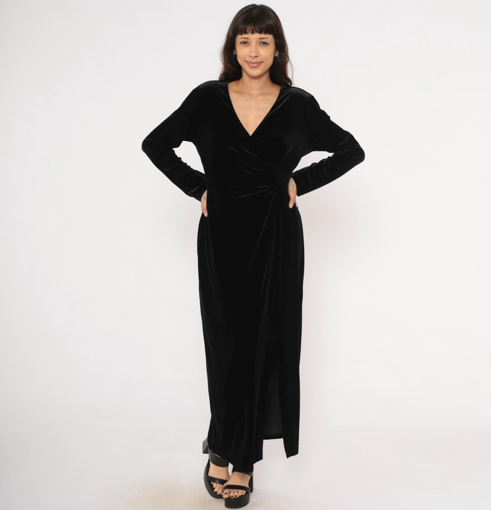 90s Robbie Bee Black Velvet Maxi Dress Surplice Neckline Long Sleeve Large L