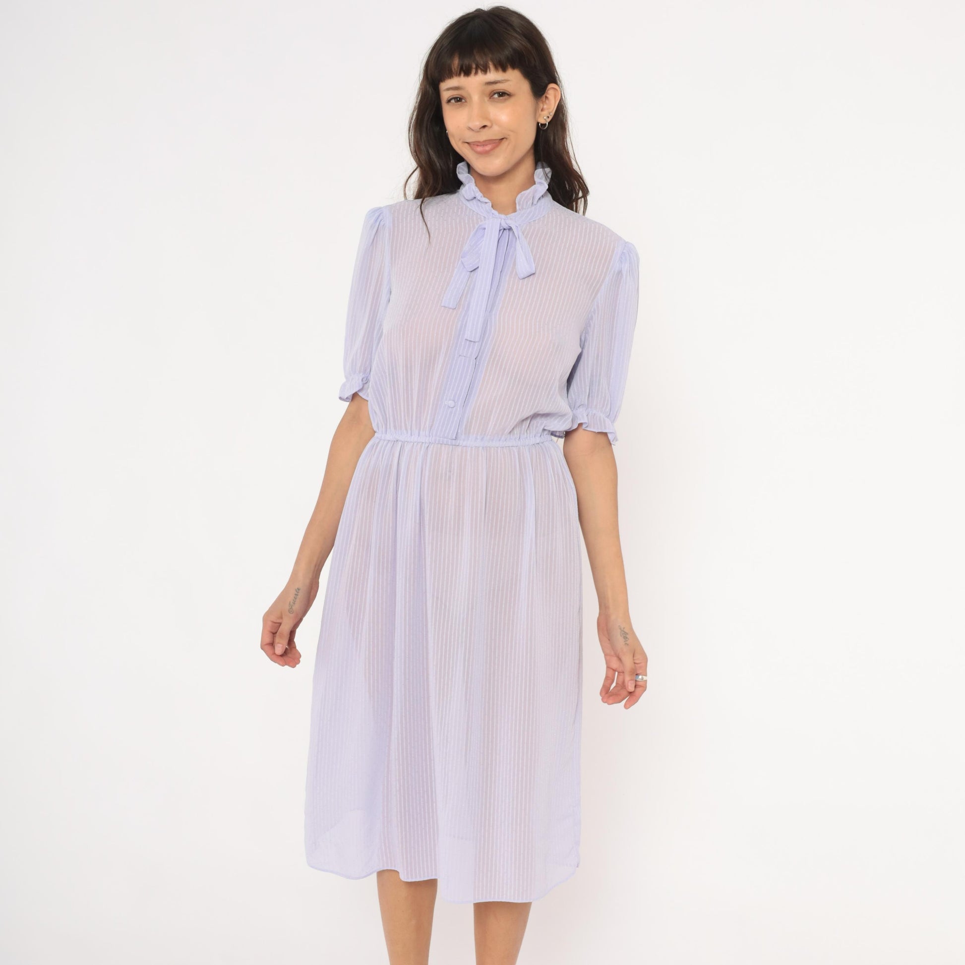 80s Lavender Sheer Stripe Dress Puff Sleeve Bow Tie Ruffle Collar Small
