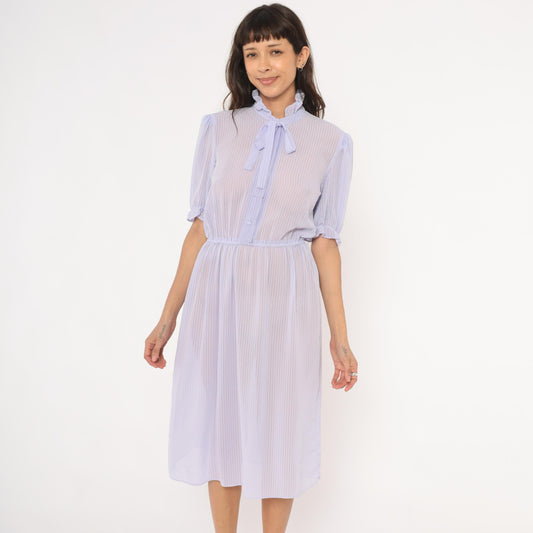 80s Lavender Sheer Stripe Dress Puff Sleeve Bow Tie Ruffle Collar Small