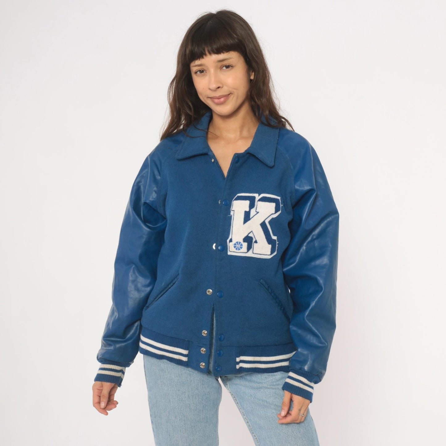 90s Reebok Varsity Jacket Wool Leather Letterman Blue Navy White Medium M