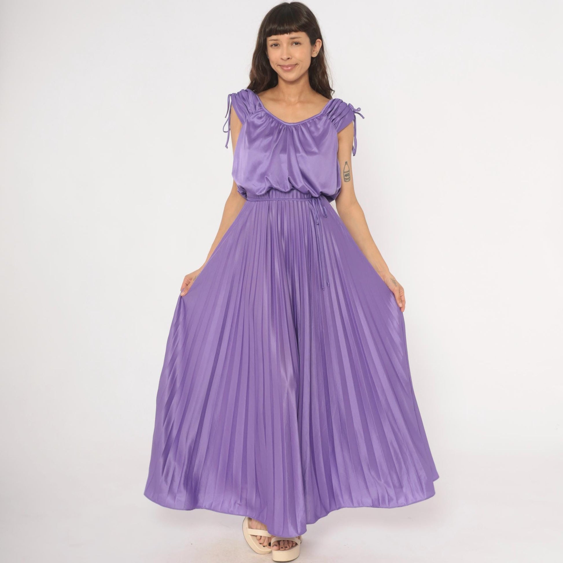 70s Lavender Pleated Maxi Dress Satin Blouson Bodice Tie Shoulder Small S