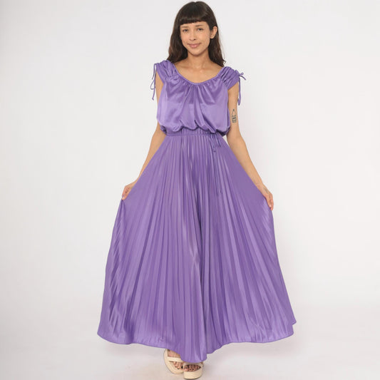 70s Lavender Pleated Maxi Dress Satin Blouson Bodice Tie Shoulder Small S