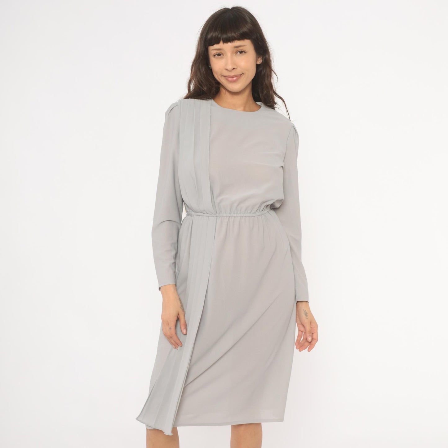 80s Grey Pleated Front Dress Pearl Button Back Long Sleeve Knee Length Small S