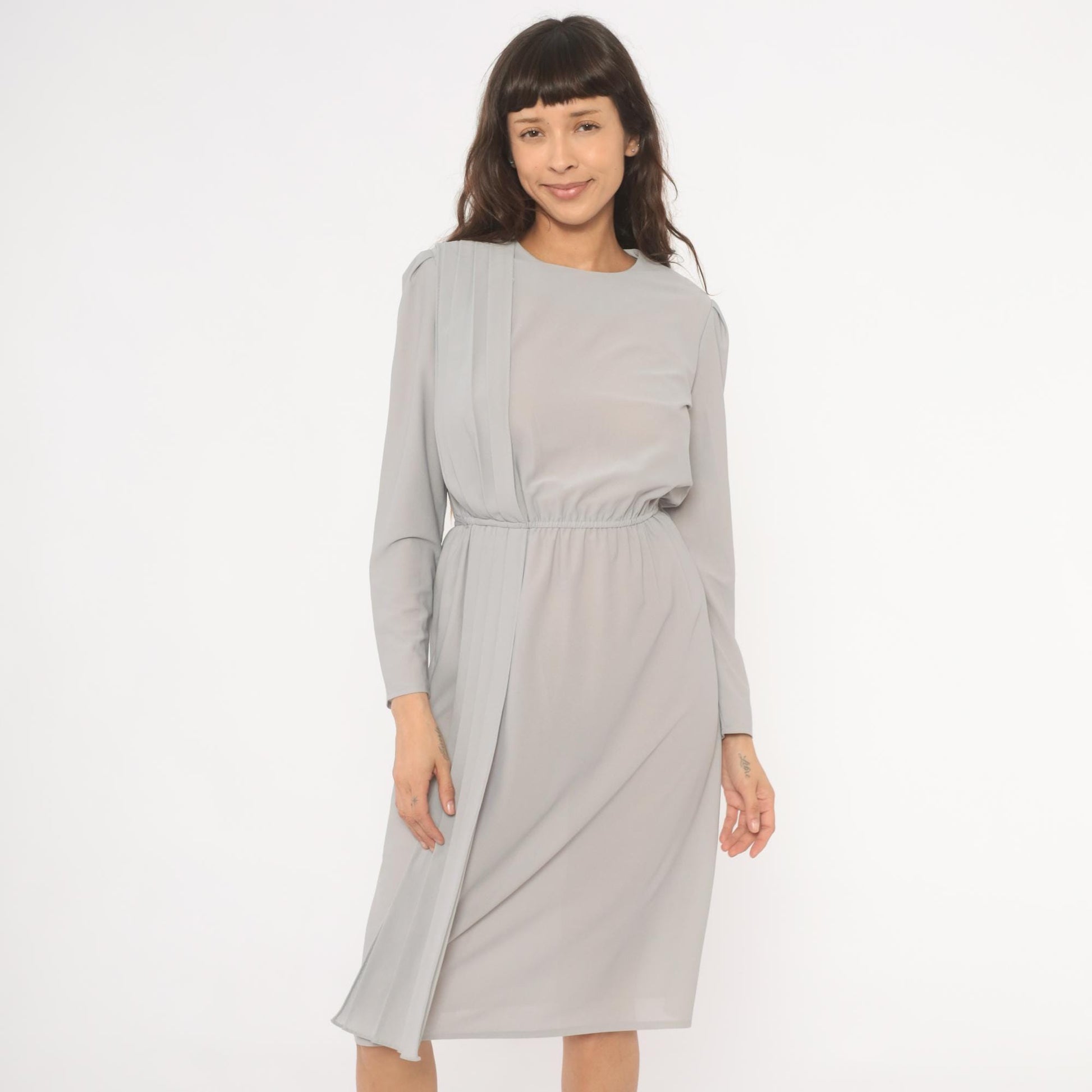 80s Grey Pleated Front Dress Pearl Button Back Long Sleeve Knee Length Small S