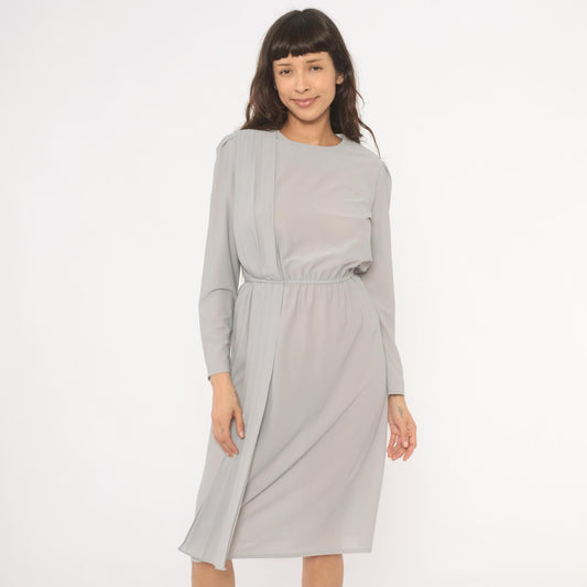 80s Grey Pleated Front Dress Pearl Button Back Long Sleeve Knee Length Small S