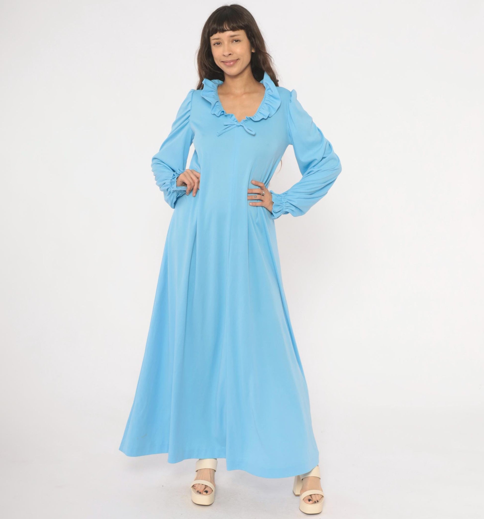 70s Sky Blue Maxi Dress Ruffle Collar Puff Sleeve A-Line Large L