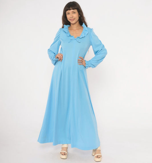 70s Sky Blue Maxi Dress Ruffle Collar Puff Sleeve A-Line Large L