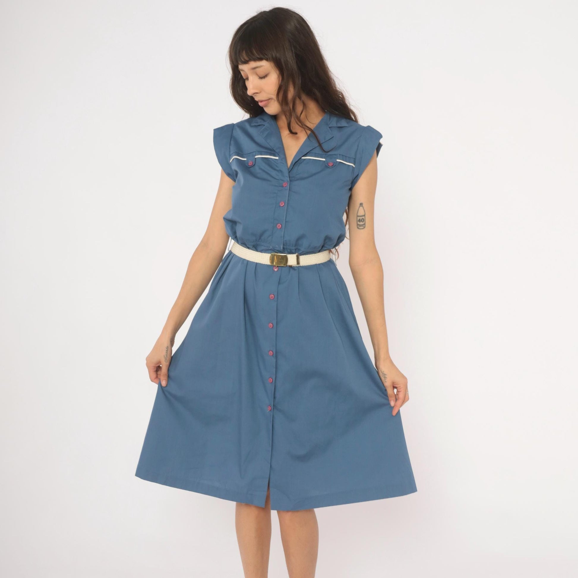 80s Slate Blue Button-Front Shirtdress Cap Sleeve Notched Collar Belted Small S