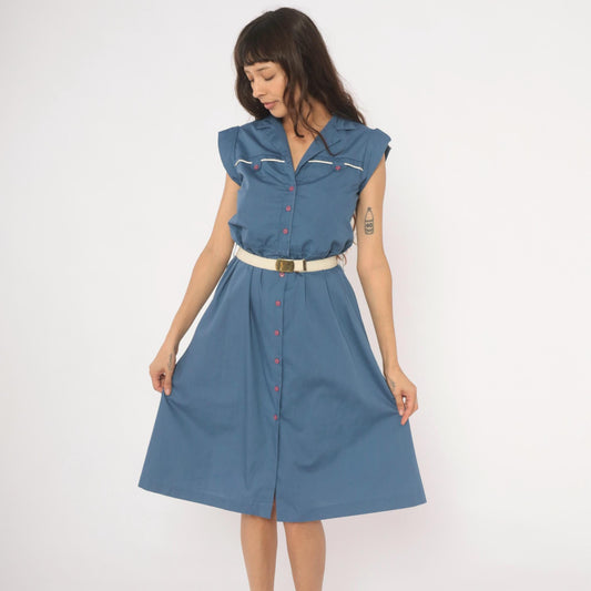 80s Slate Blue Button-Front Shirtdress Cap Sleeve Notched Collar Belted Small S