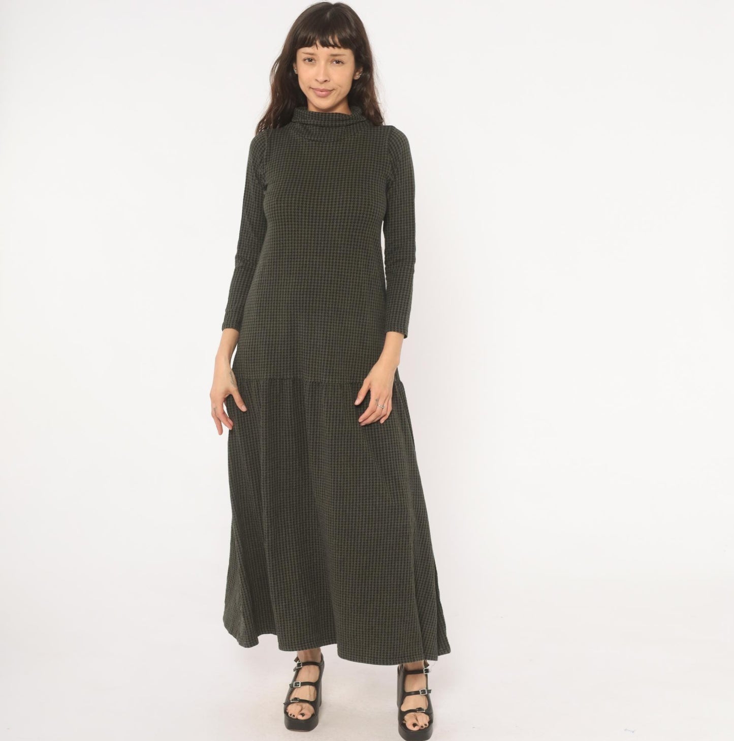90s JP Houndstooth Maxi Dress Olive Black Funnel Neck Drop Waist Medium M