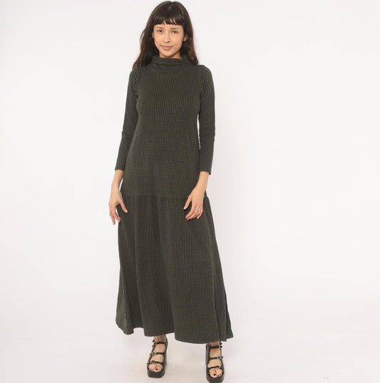 90s JP Houndstooth Maxi Dress Olive Black Funnel Neck Drop Waist Medium M