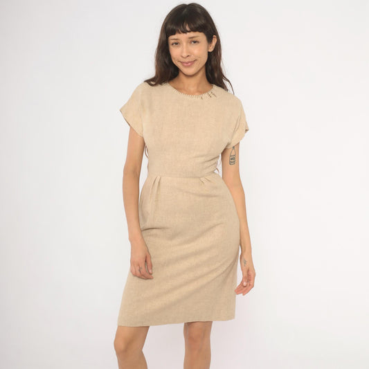 1950s Tan Wool Blend Sheath Dress Whipstitch Neckline Cap Sleeve Extra Small XS