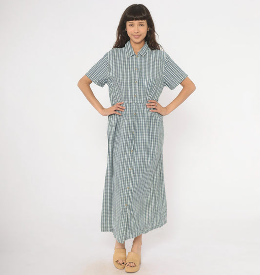 90s Studio Works Blue Plaid Cotton Maxi Shirtdress Medium