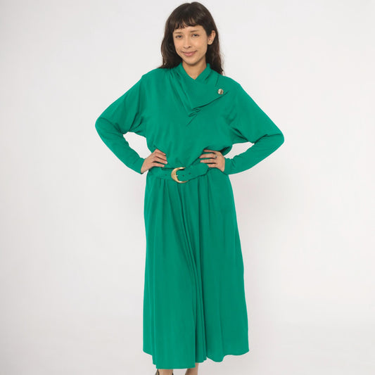 80s Positive Attitude Emerald Midi Dress Gold Buckle Belt Long Sleeve Large L