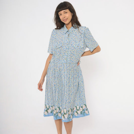 90s Breli Originals Floral Shirtdress Sky Blue Midi Pleated Skirt Large L