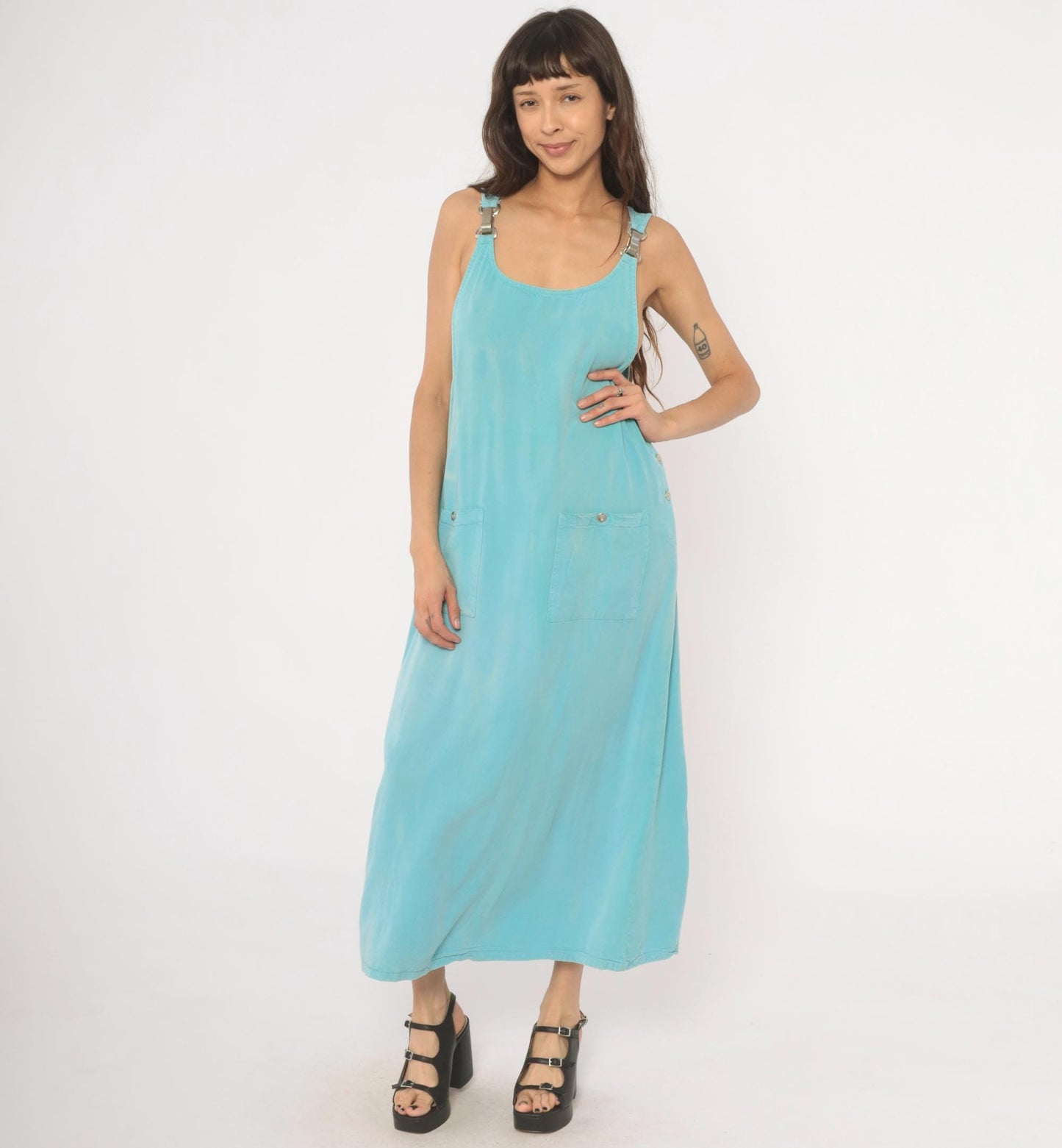 90s Froxx Sky Blue Maxi Overall Dress Sleeveless Pinafore Large L