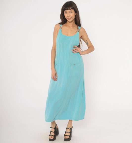 90s Froxx Sky Blue Maxi Overall Dress Sleeveless Pinafore Large L