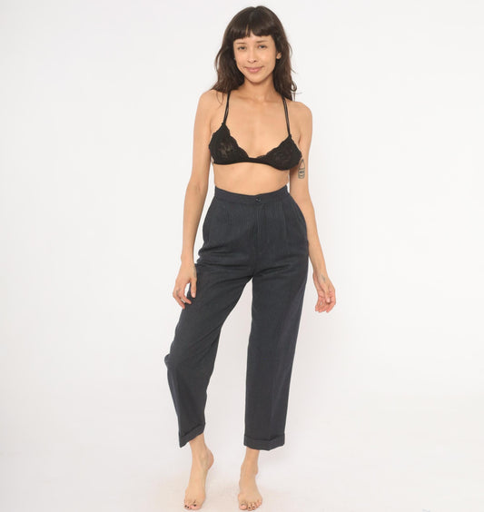 80s Preferred Stock Pinstripe Pleated Trousers Navy Wool Blend High Waist Extra Small XS