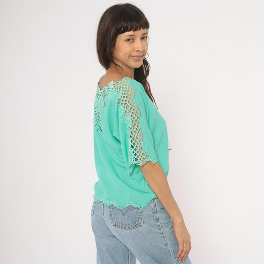 90s Bali Emerald Mint Green Cutwork Lace Blouse Scalloped Batwing Sleeve Small