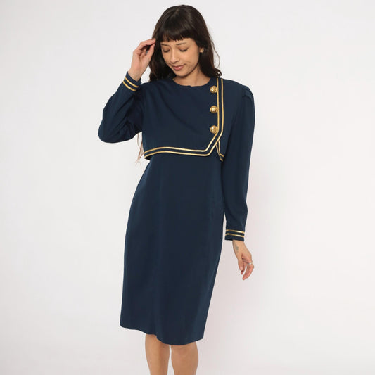 80s Jessica Howard Navy Dress Gold Braid Military Knee-Length Puff Sleeve Medium M