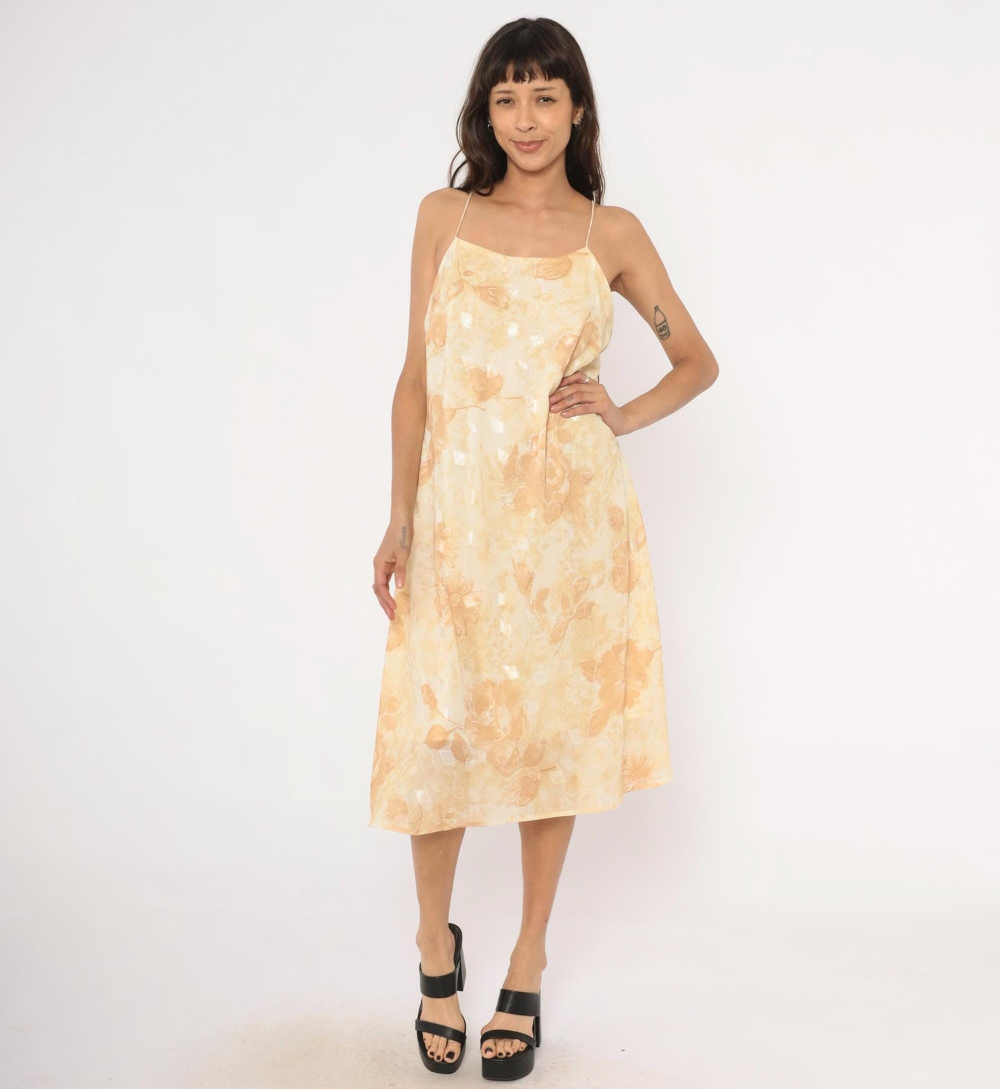 00s Dress-U-Ii Gold Floral Slip Dress Midi Cream Rose Print Spaghetti Strap Large L