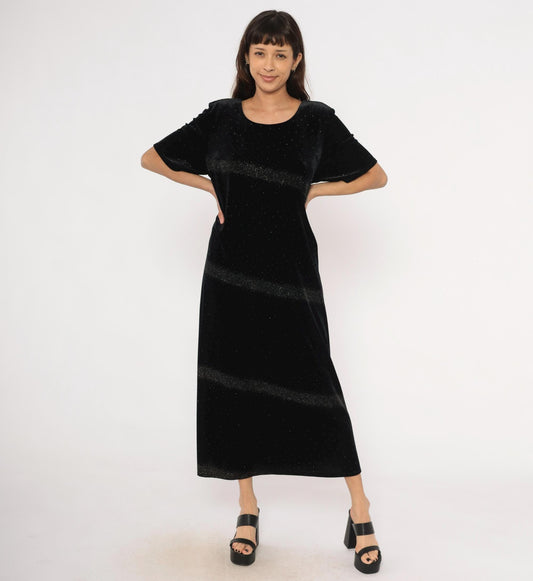 90s Jessica Howard Black Velvet Maxi Dress Glitter Scoop Neck Short Sleeve Large L