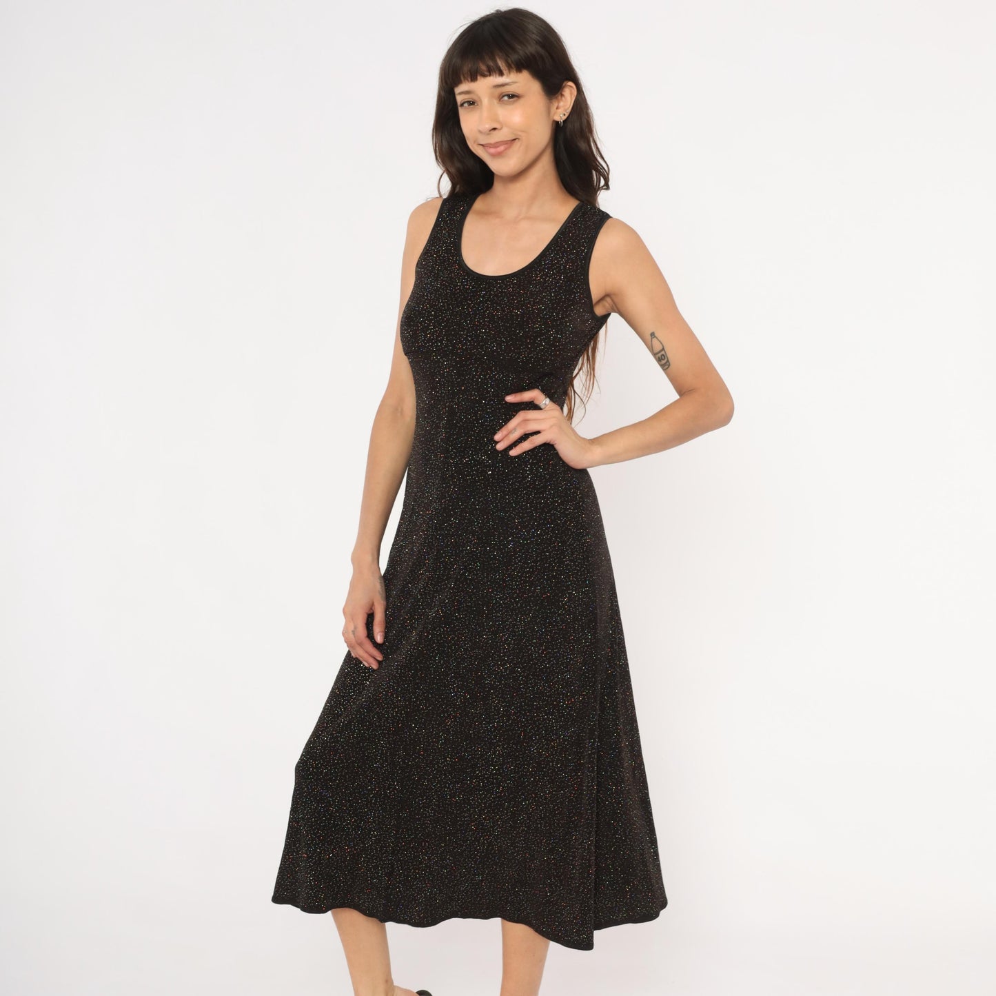 90s Rabbit Designs Black Glitter Maxi Dress Scoop Neck Empire Waist Medium M