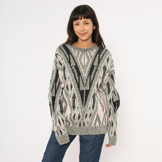 80s Elis Island Geometric Knit Sweater Grey Diamond Chevron Medium