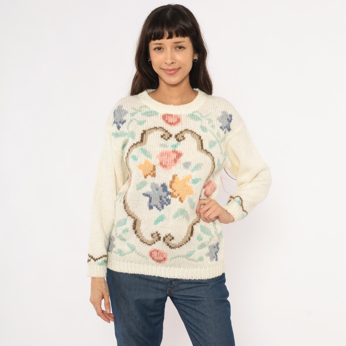 80s Partners by Mervyns Floral Intarsia Knit Crewneck Cream Pink Small
