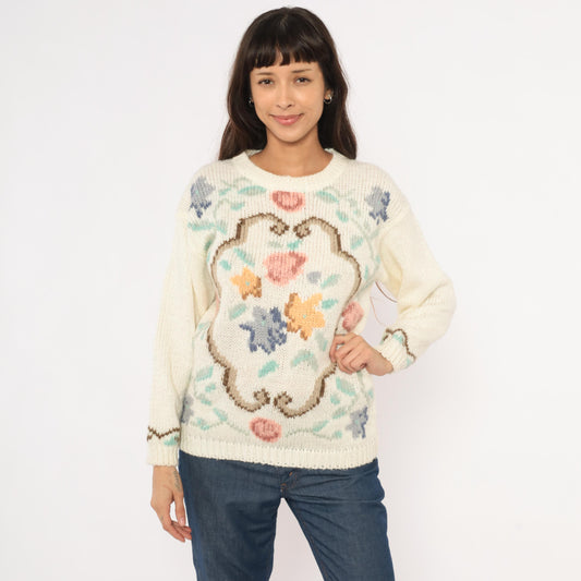 80s Partners by Mervyns Floral Intarsia Knit Crewneck Cream Pink Small