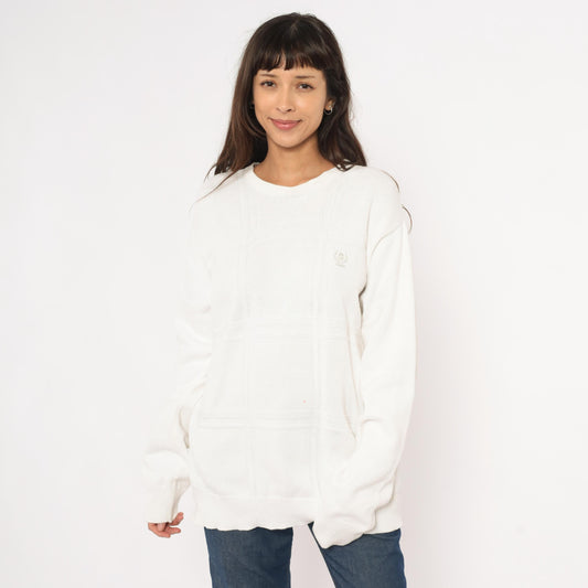 90s Izod Cotton Crewneck Sweater White Windowpane Grid Knit Large L