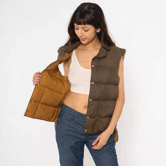 80s Reversible Puffer Vest Brown Mustard Quilted Down Waistcoat Medium