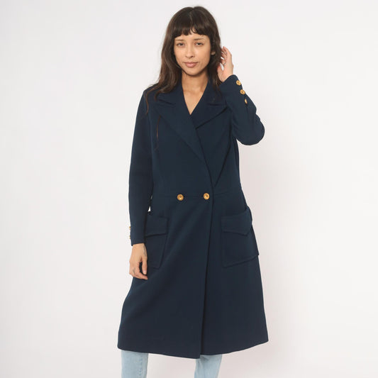 70s Butte Knit Navy Double Breasted Coat Gold Buttons Knee Length Large L